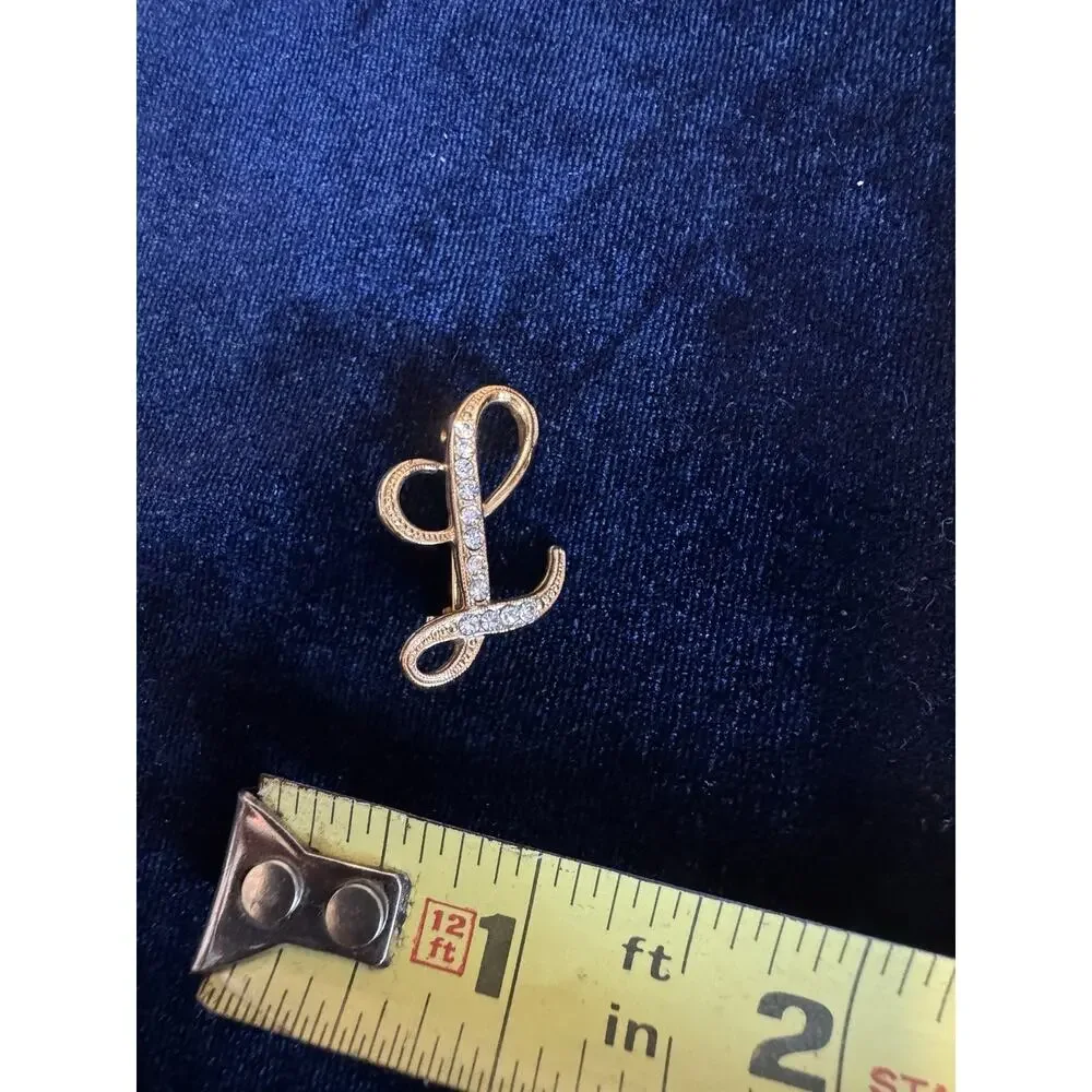 Vintage Gold Tone Rhinestone Script Letter L Initial Monogram Brooch Pin